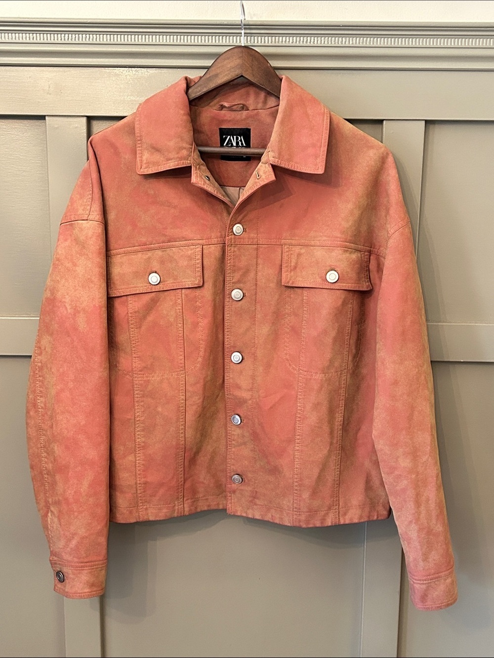 Zara Faux Leather Jacket Button Front Pink Tan Size Medium